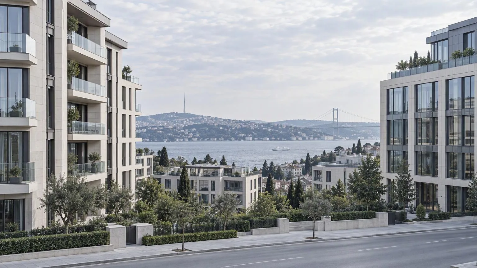 İstanbul'da taş ve cam cepheli modern konut ve ofis binaları; arkada Boğaz ve köprü