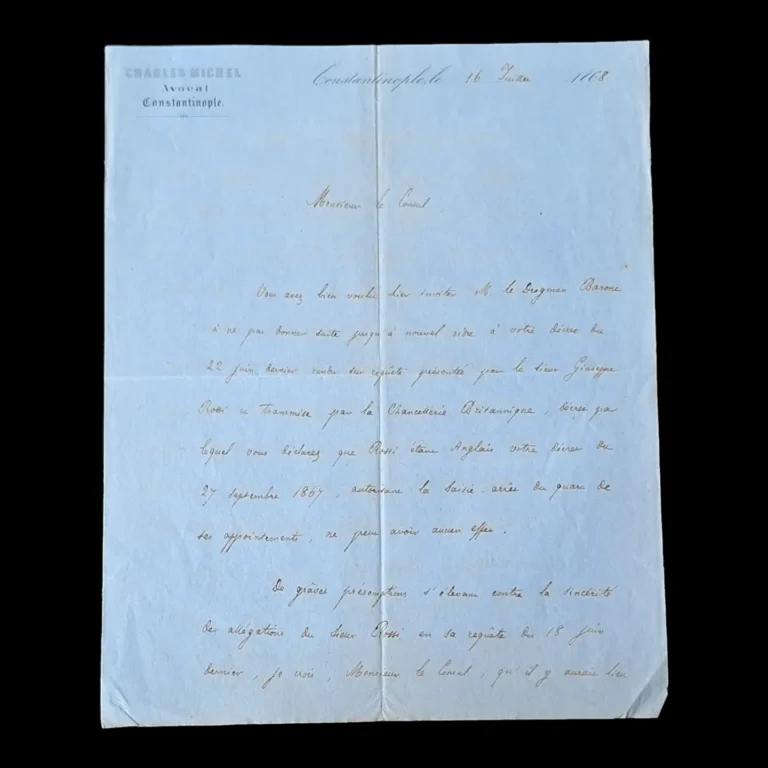 First page of the 1868 document handwritten in French on blue paper with the Charles Michel letterhead