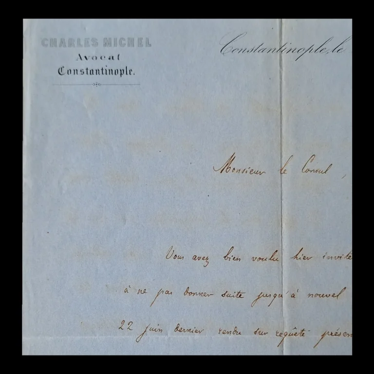 Close-up of the letterhead 'Charles Michel, Avocat, Constantinople'