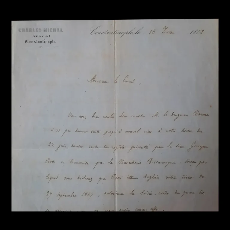 Close-up of the letterhead 'Charles Michel, Avocat, Constantinople' and the date line