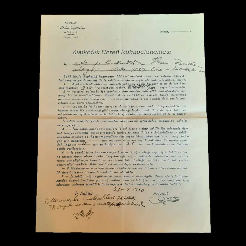 Printed attorney fee agreement (Avukatlık Ücreti Mukavelenamesi) dated 1950, filled in by hand and signed