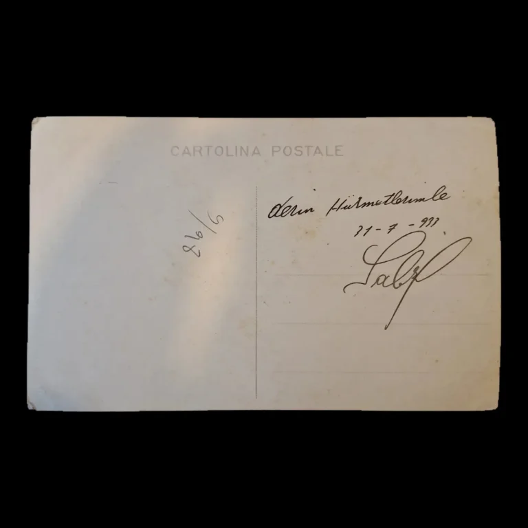 Note reading 'With my deep respects 31-7-933' and signature on the back of the postcard