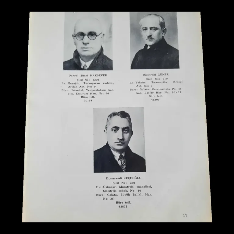 Página de la lista de colegiados (levha) con las fotografías y los datos de inscripción de tres abogados, entre ellos Diyamandi Keçeoğlu