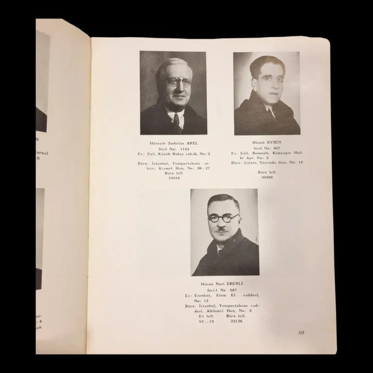 Página 69 de la lista, con fotografías de tres abogados, entre ellos Hüseyin Sadettin Arel