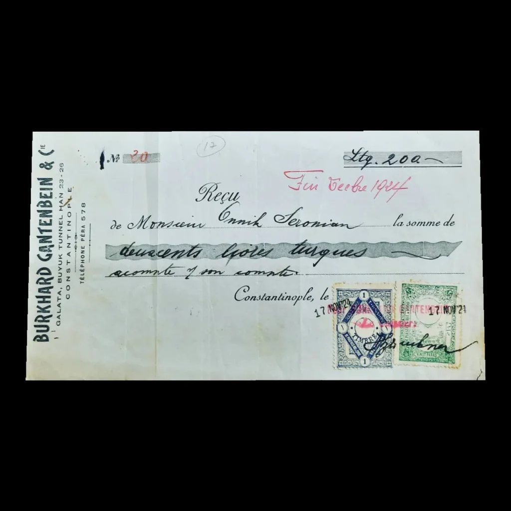 Documento impreso en francés con membrete de Burkhard Gantenbein & Cie, con timbres fiscales y sellos