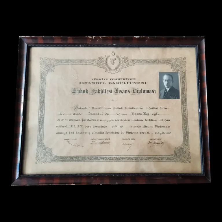 Diploma de licenciatura enmarcado y con fotografía de la Facultad de Derecho del Darülfünun de Estambul