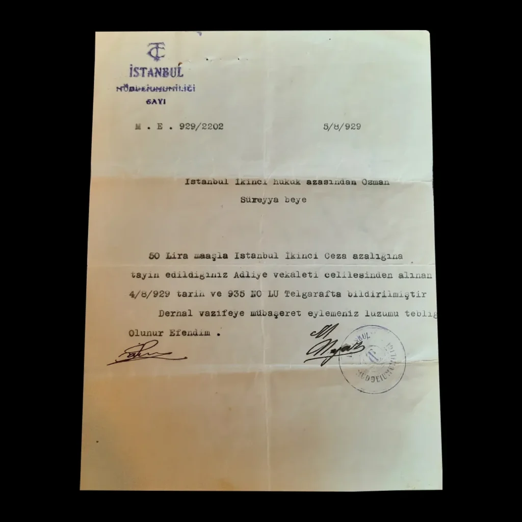 Typewritten, sealed and signed letter from the Istanbul Chief Public Prosecutor's Office (Müddeiumumilik), dated 5/8/929
