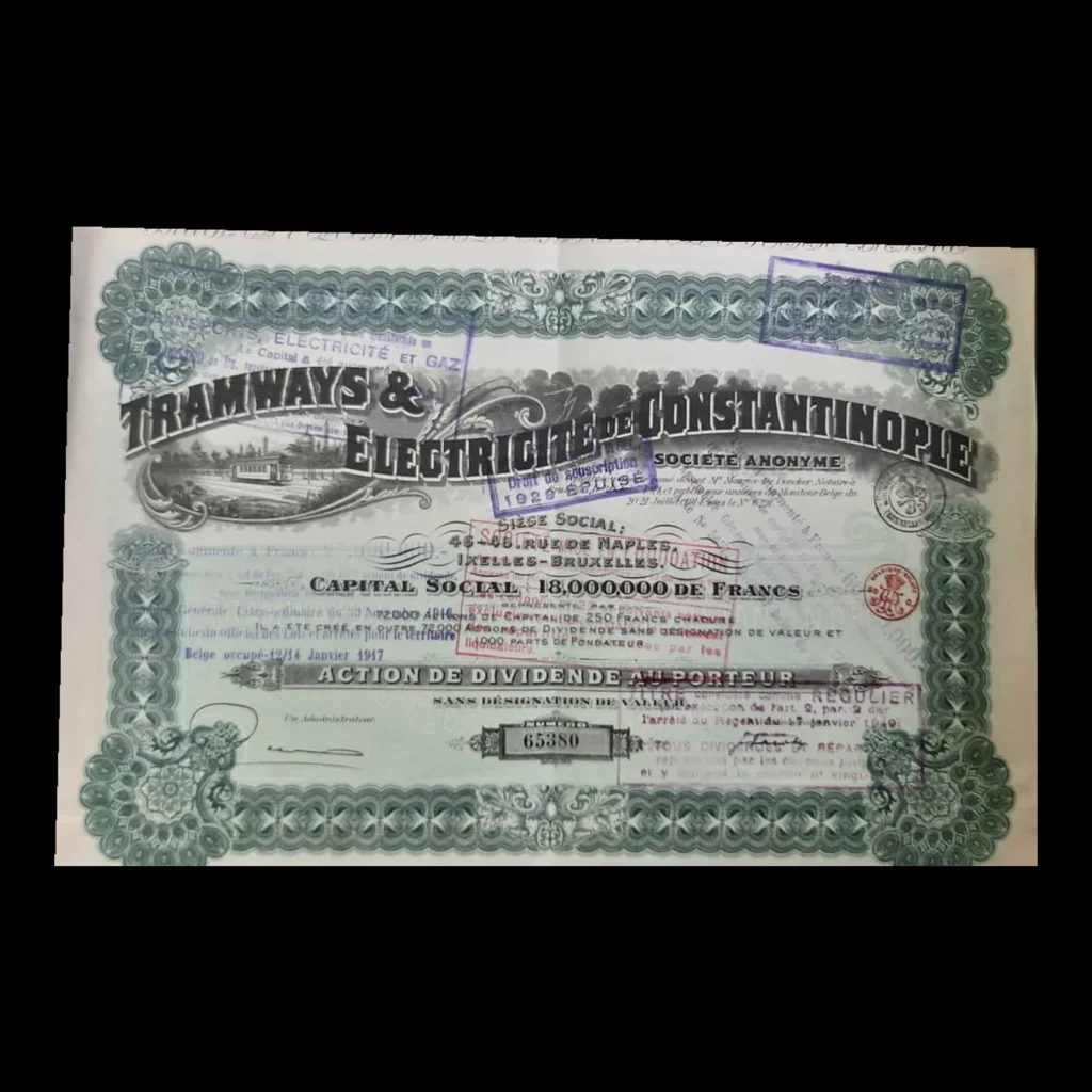 Título de acciones de "Tramways & Électricité de Constantinople" con orla verde; grabado de un tranvía y sellos morados