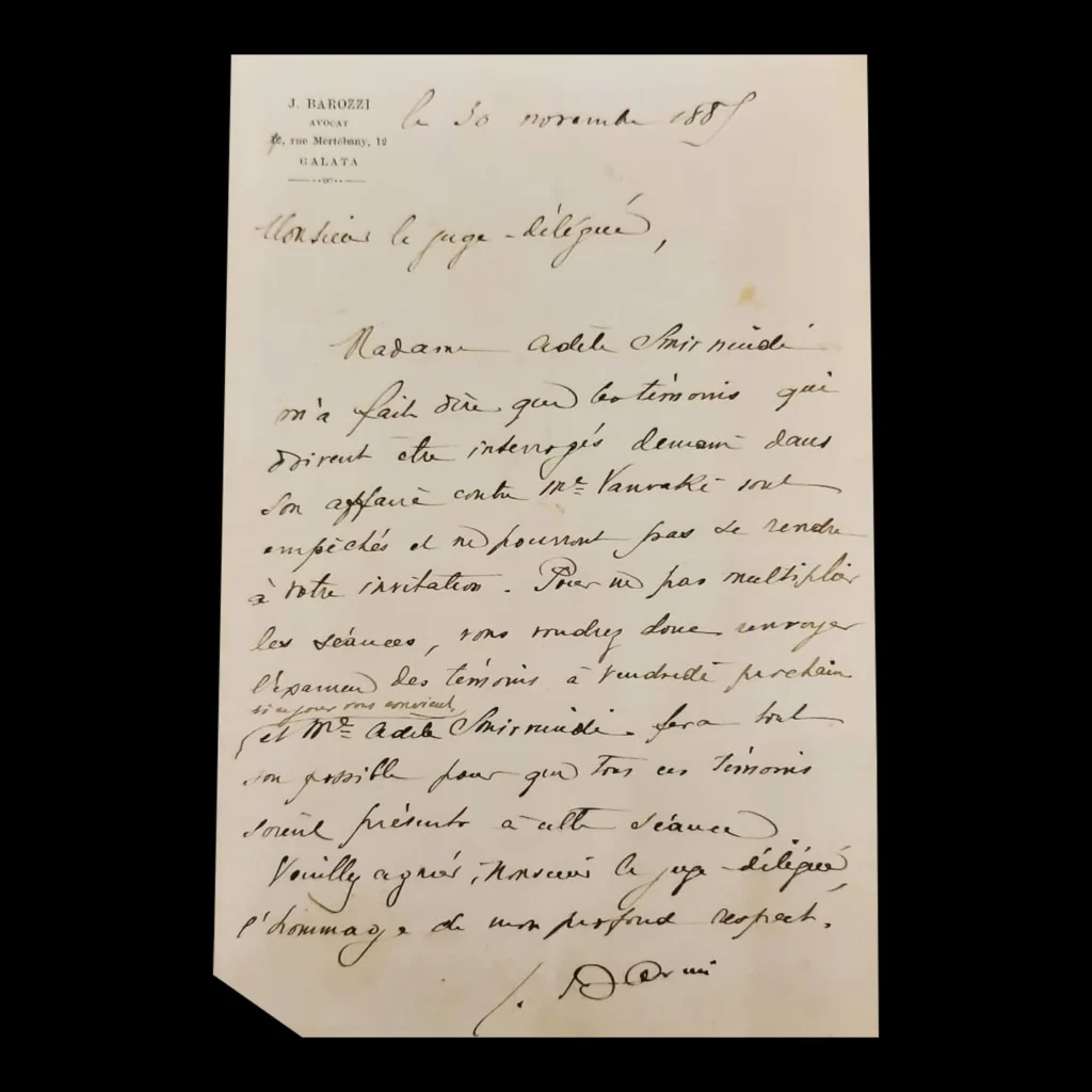 Signed letter page handwritten in French on J. Barozzi letterhead