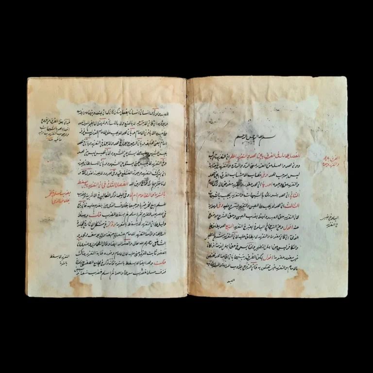Dos páginas abiertas del texto manuscrito en árabe con títulos en rojo