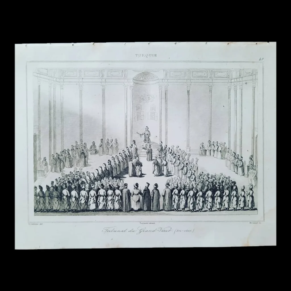 Grabado "Tribunal du Grand-Vézir" con una multitud reunida ante el gran visir en una sala con columnas