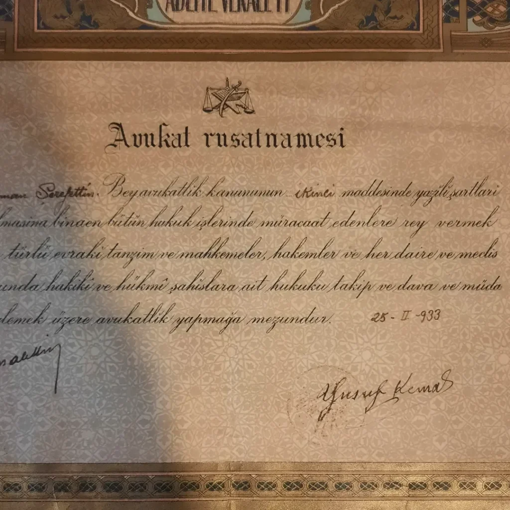 Ruhsatname başlığı, terazi amblemi, el yazısı ruhsat metni ve 25-II-933 tarihli imza