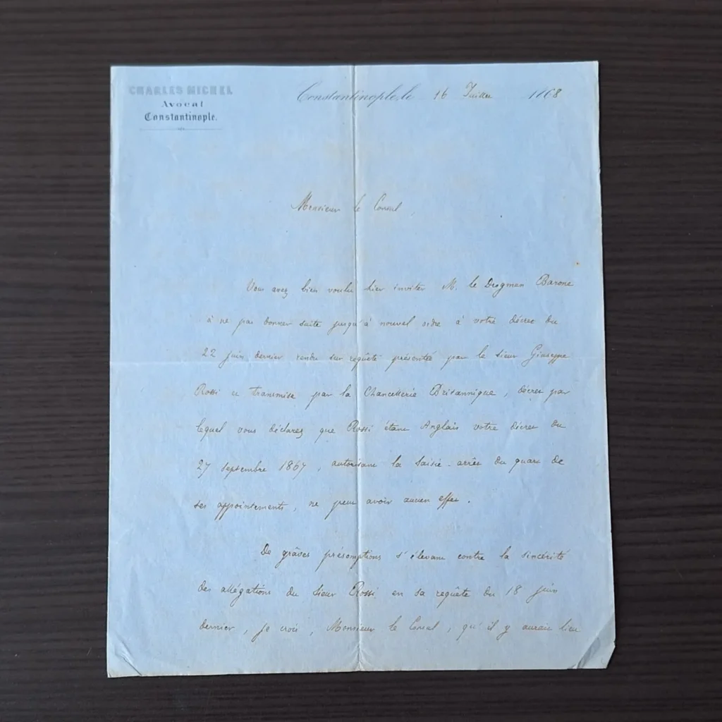 Charles Michel antetli, mavi kâğıda Fransızca el yazısı 1868 tarihli belgenin ilk sayfası