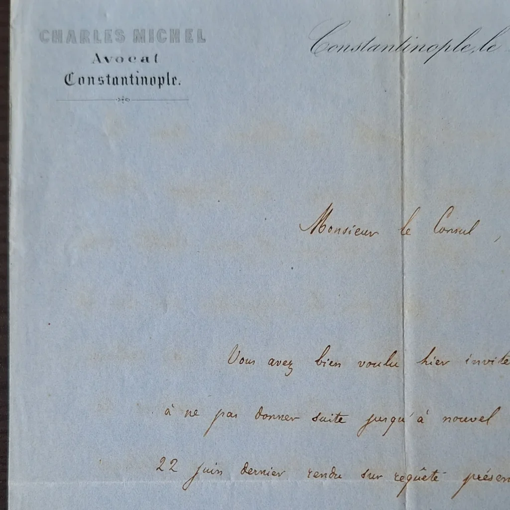 'Charles Michel, Avocat, Constantinople' antetinin yakın çekimi