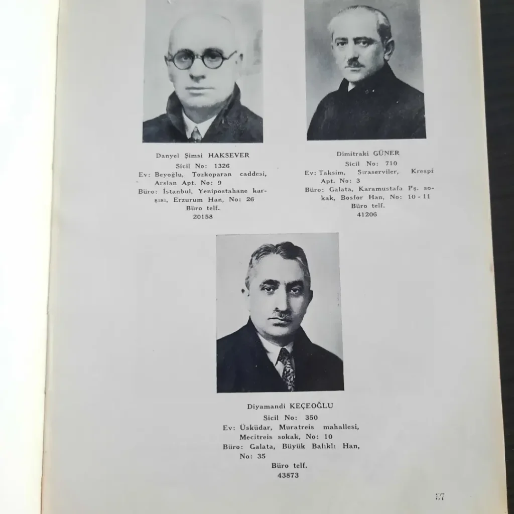 Levhanın, Diyamandi Keçeoğlu'nun da yer aldığı üç avukatın fotoğraf ve sicil bilgilerini içeren sayfası