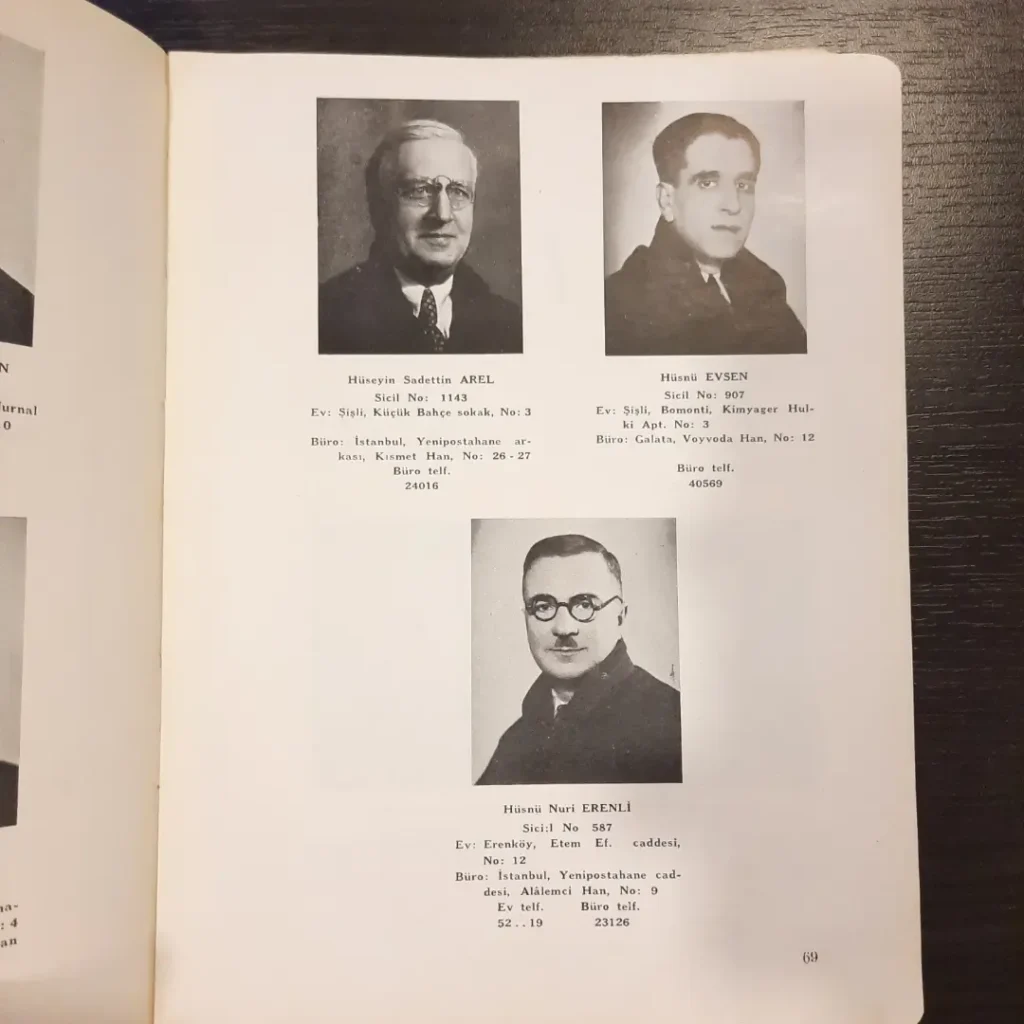 Levhanın, Hüseyin Sadettin Arel'in de yer aldığı üç avukatın fotoğraflı 69. sayfası
