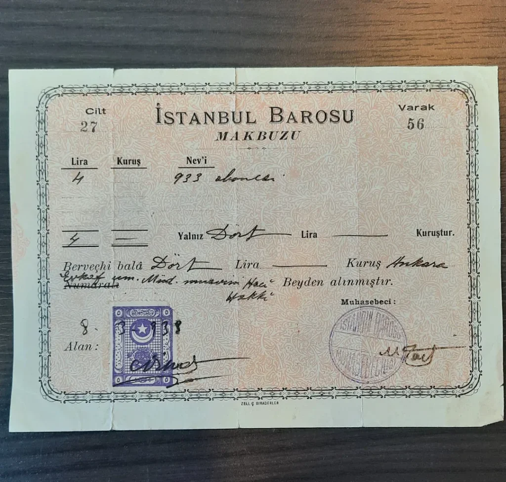 Damga pullu ve mühürlü İstanbul Barosu makbuzu
