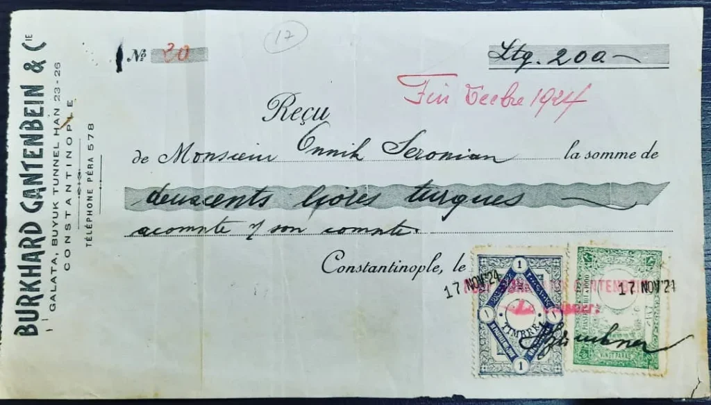 Burkhard Gantenbein & Cie antetli, pullu ve damgalı Fransızca matbu senet