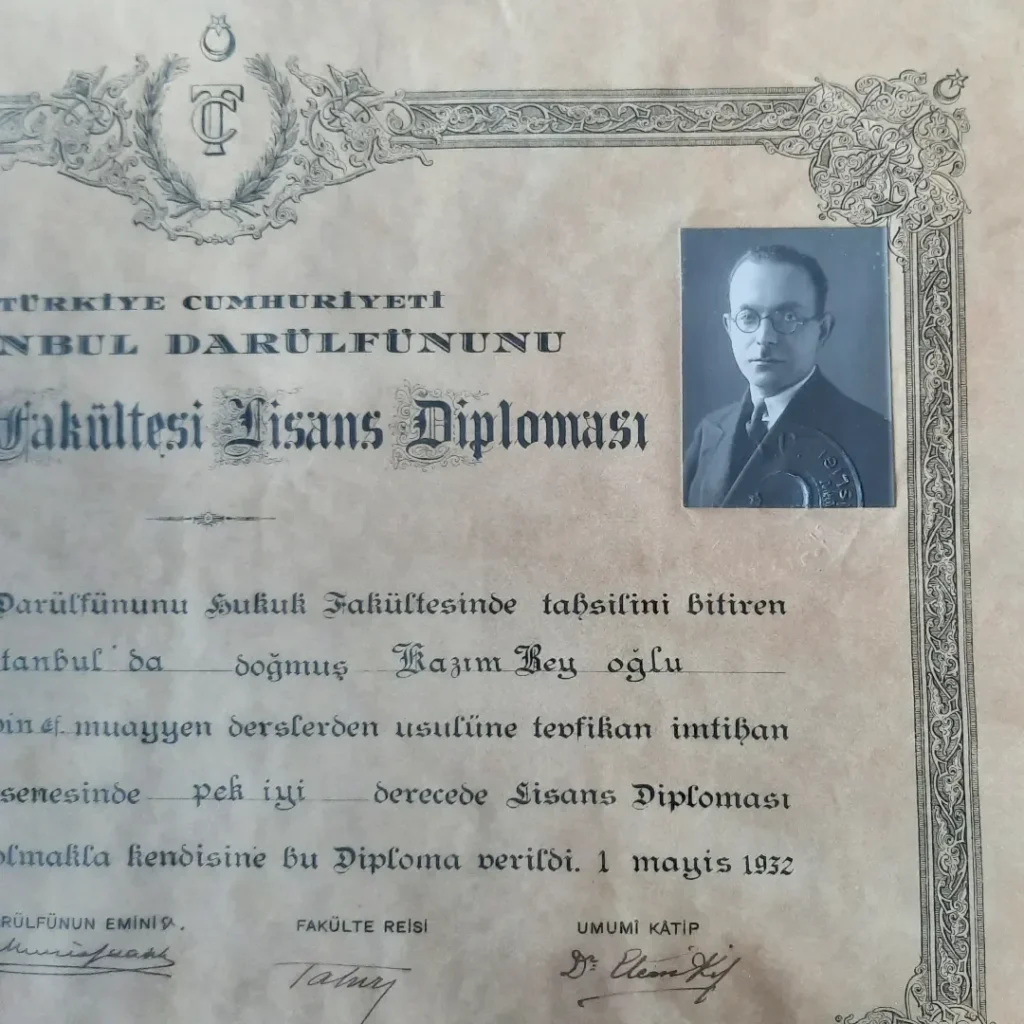 Diplomadaki vesikalık fotoğraf, başlık ve 1 Mayıs 1932 tarihinin yakın çekimi