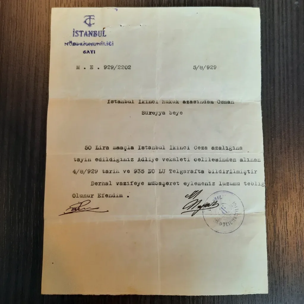 Daktiloyla yazılmış, mühürlü ve imzalı 5/8/929 tarihli İstanbul Müddeiumumiliği yazısı