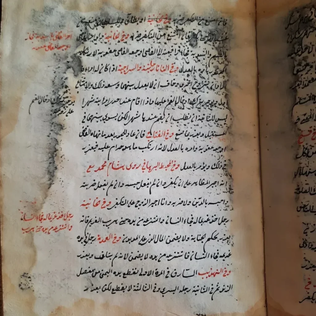 Kırmızı mürekkeple vurgulanmış satırlar ve kenar notları olan lekeli bir sayfa