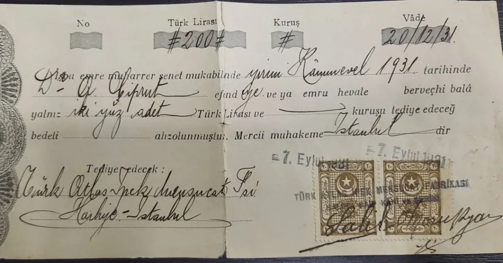 Türk Atlas İpek Mensucat Fabrikası kaşeli, pullu 1931 tarihli emre muharrer senet