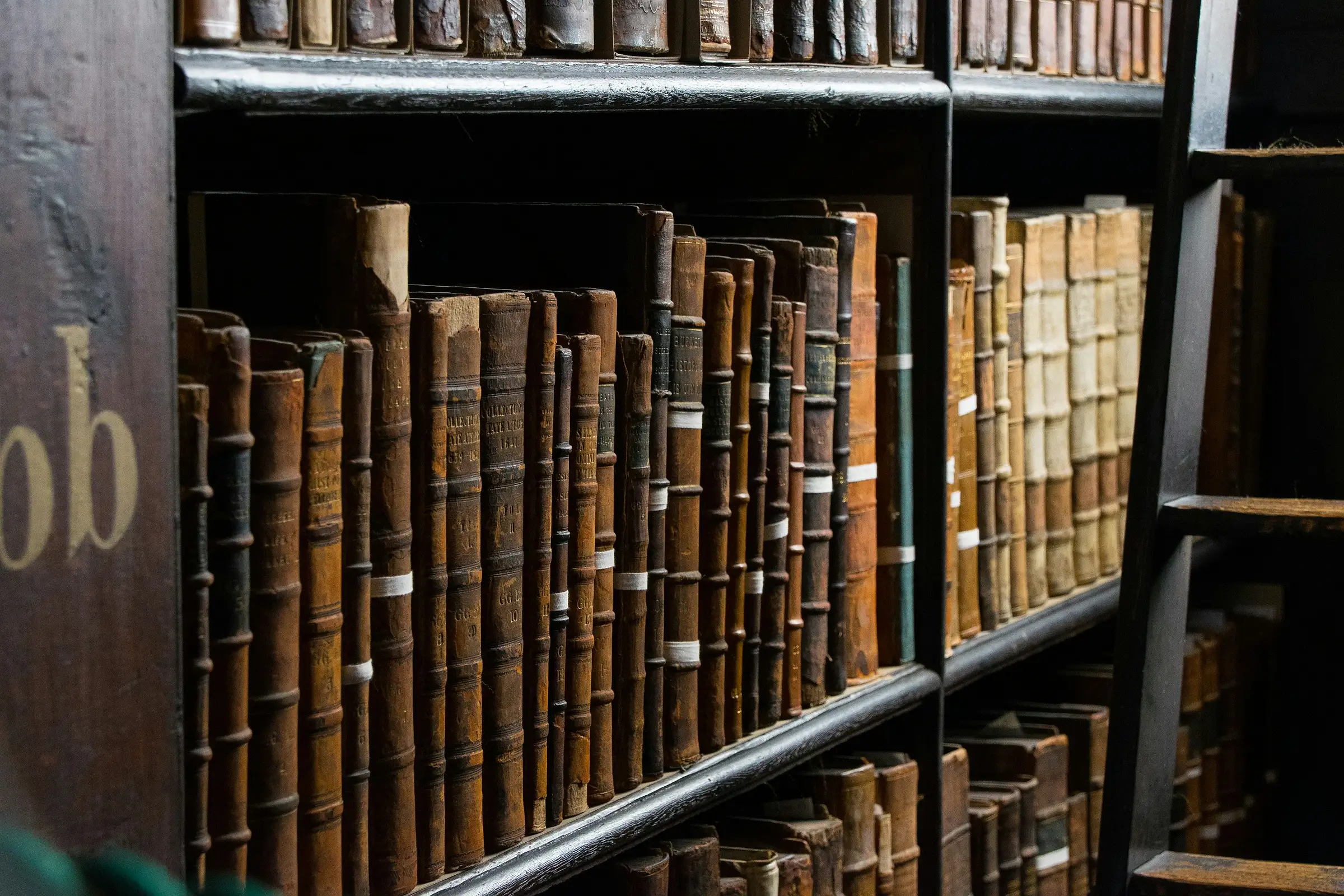 Lomos de piel antiguos y desgastados en un estante de una biblioteca histórica