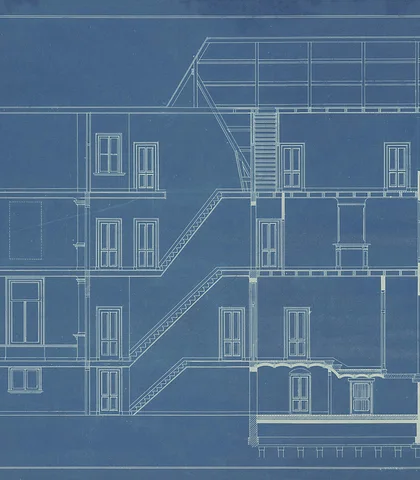 Blue cross-section drawing of a multi-story residential building