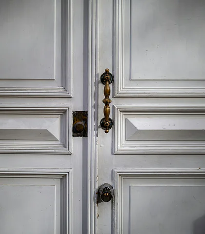Gray and white paneled double door with a brass-ornamented handle