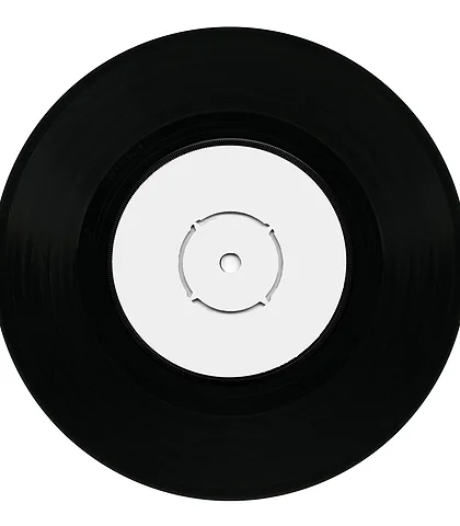 Black vinyl record with a blank label on a white background