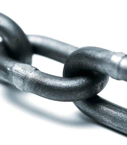 Interlocking steel chain links on a white background