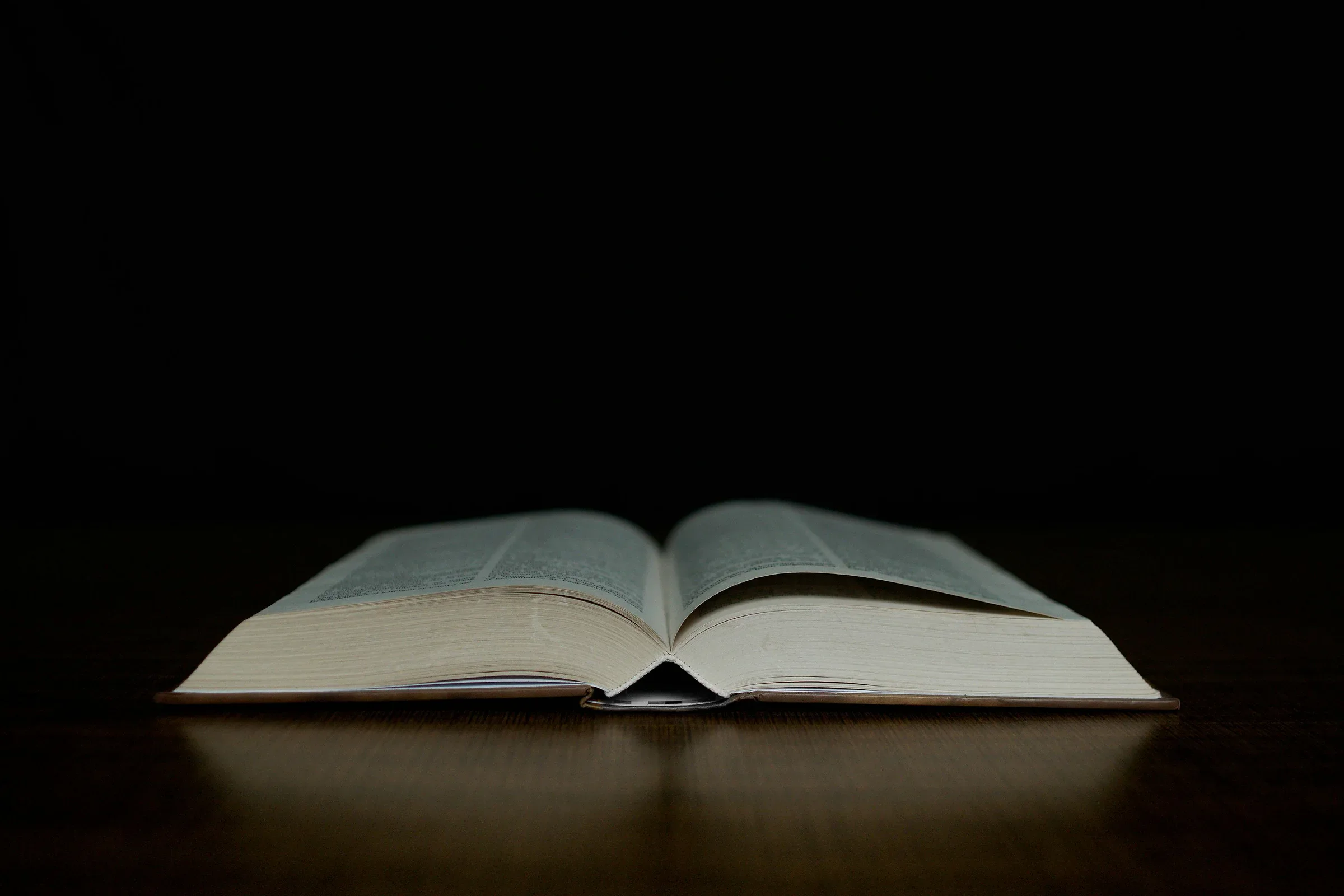 Koyu ahşap masa üzerinde açık duran kalın bir kitap